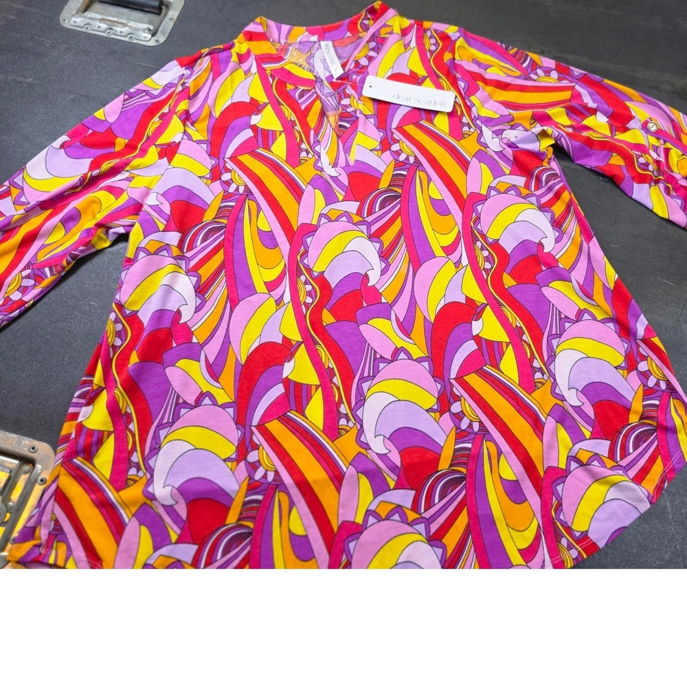 Dear Scarlett Psychedelic Abstract Print Roll Tab Tunic Top Pink Artsy XL LIZ-
